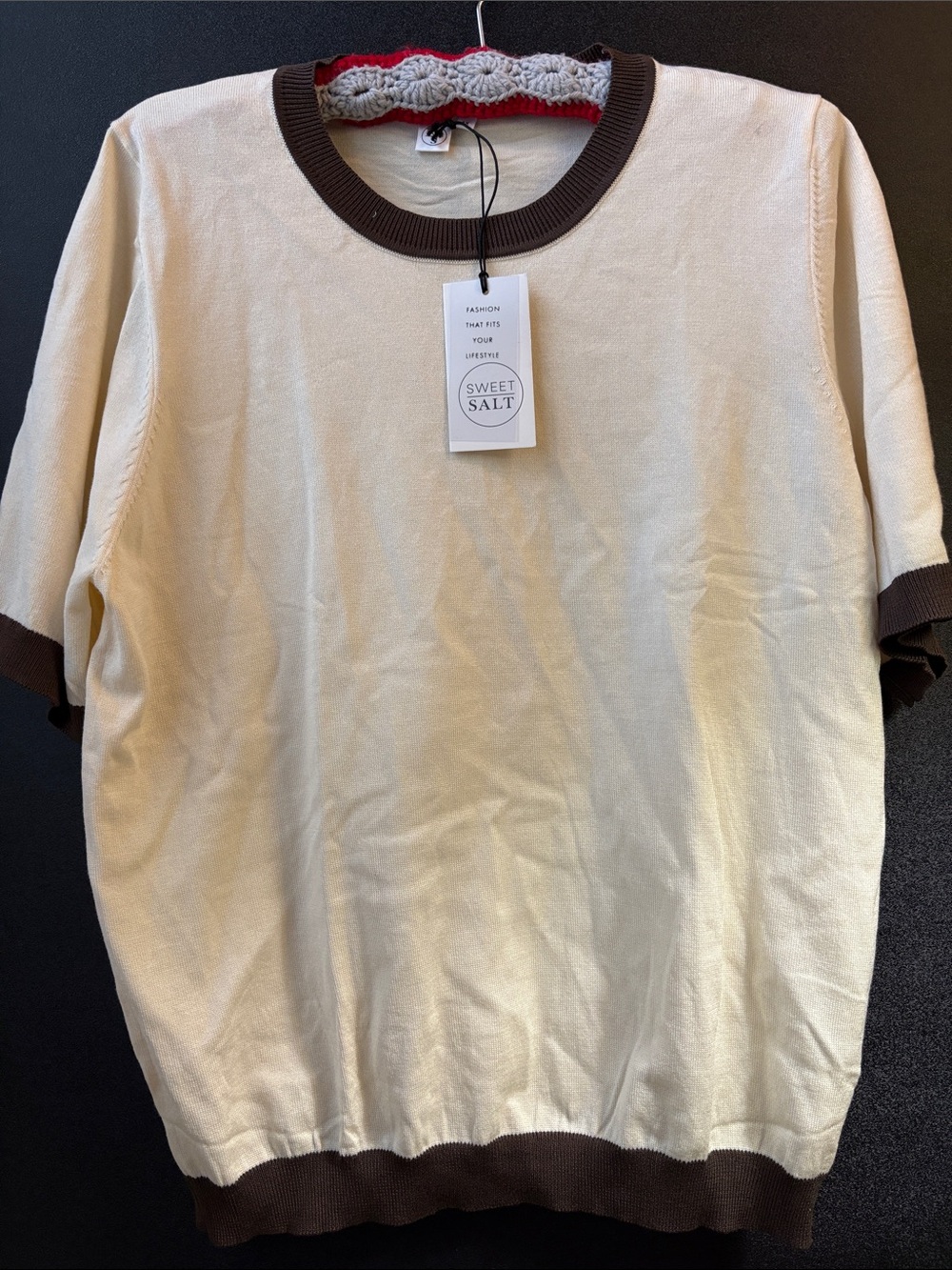 Sweet Salt Cream Short Sleeve Sweater with Brown Trim